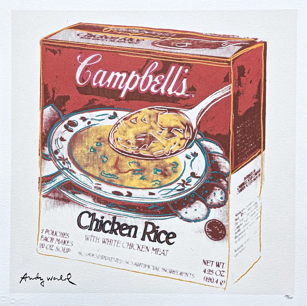 Andy Warhol - Campbells Soup Chicken Rice 196/500 - signováno, 50x50cm, limitovaná edice CMOA s certifikátem