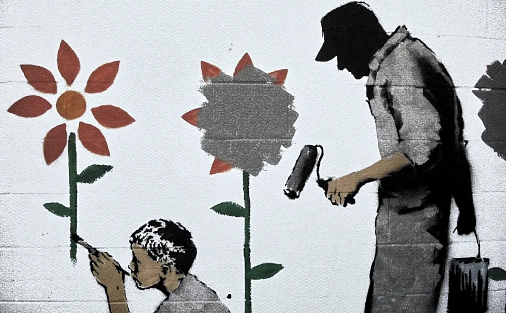 Banksy - Boy with flower wall 61/150 - číslovaná edice s certifikátem, 70x50cm