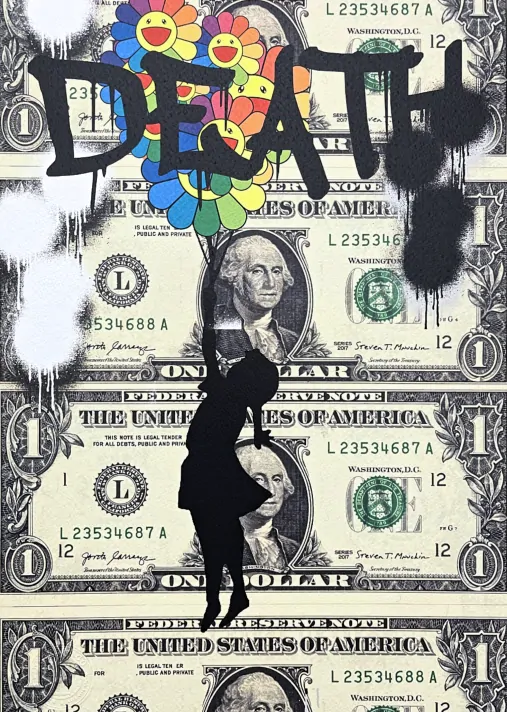 Death NYC - Banksy Flying baloon girl, Murakami a dolar - limitovaná edice s certifikátem, 32x45cm