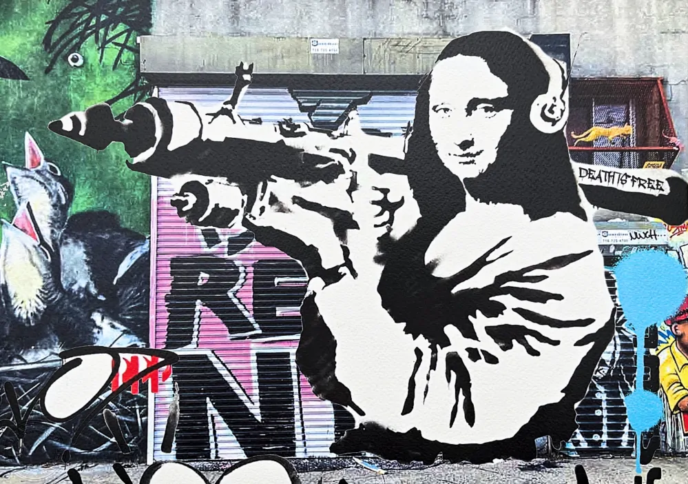 Death NYC - Banksy Mona Lisa bazooka - limitovaná edice s certifikátem, 45x32cm