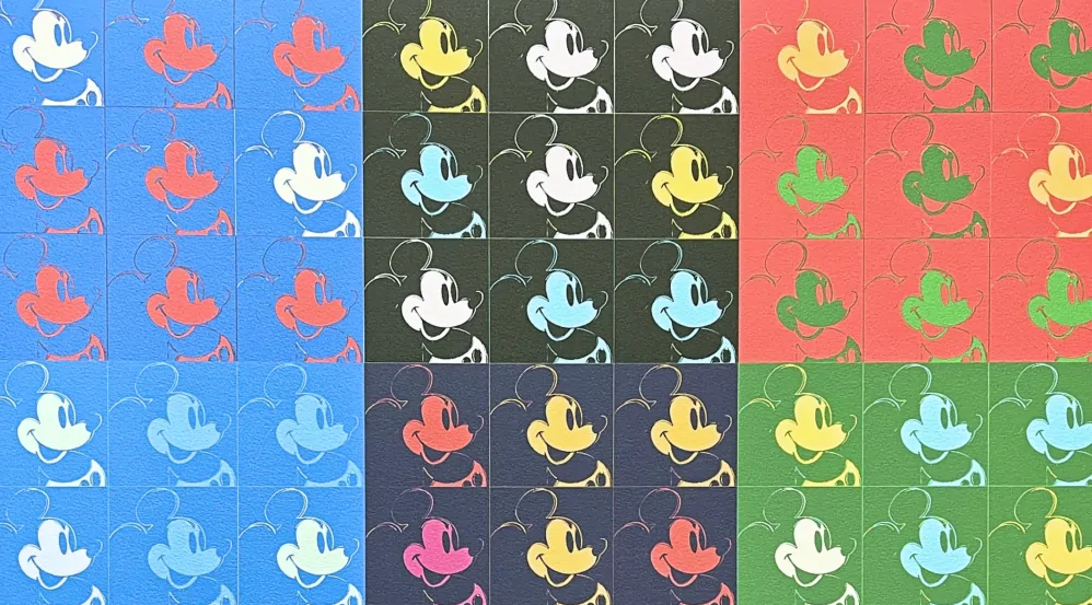 Andy Warhol - Mickey Mouse koláž 326/2400 - 60x60cm, limitovaná edice CMOA s certifikátem