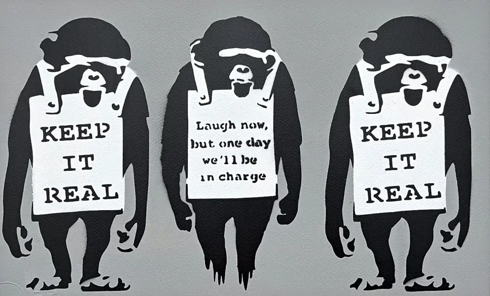 BANKSY/NOT BANKSY - Keep it Real gray 3/5 - originální ručně stříkaný sprej na papíře
