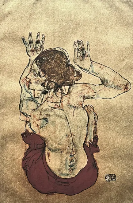 Egon Schiele - Sitting Woman act with red skirt 100/200 - limitovaná edice, s certifikátem, 50x70 cm