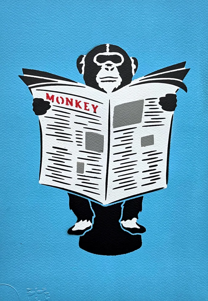BANKSY/NOT BANKSY - Monkey Business  L-blue 2/5 - originální ručně stříkaný sprej na papíře