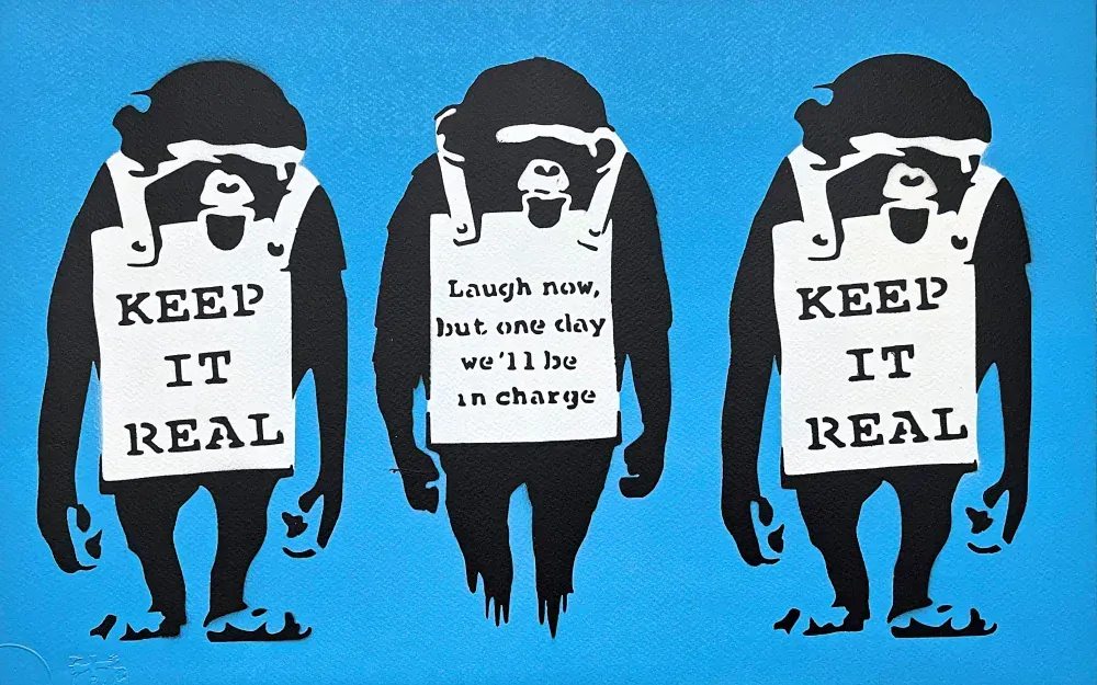 BANKSY/NOT BANKSY - Keep it Real  blue 3/5 - originální ručně stříkaný sprej na papíře