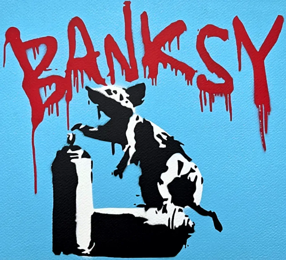 BANKSY/NOT BANKSY - Rat with Spray Cans L-blue 3/5 - originální ručně stříkaný sprej na papíře
