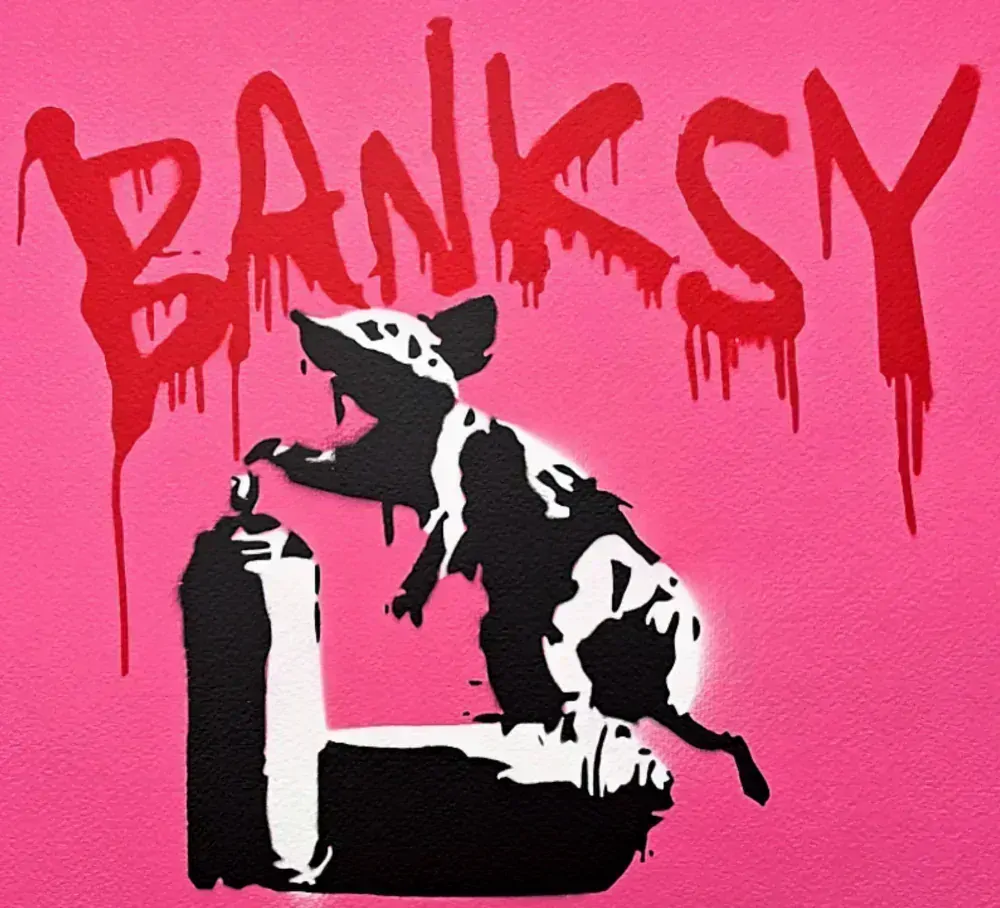 BANKSY/NOT BANKSY - Rat with Spray Cans pink 3/5 - originální ručně stříkaný sprej na papíře