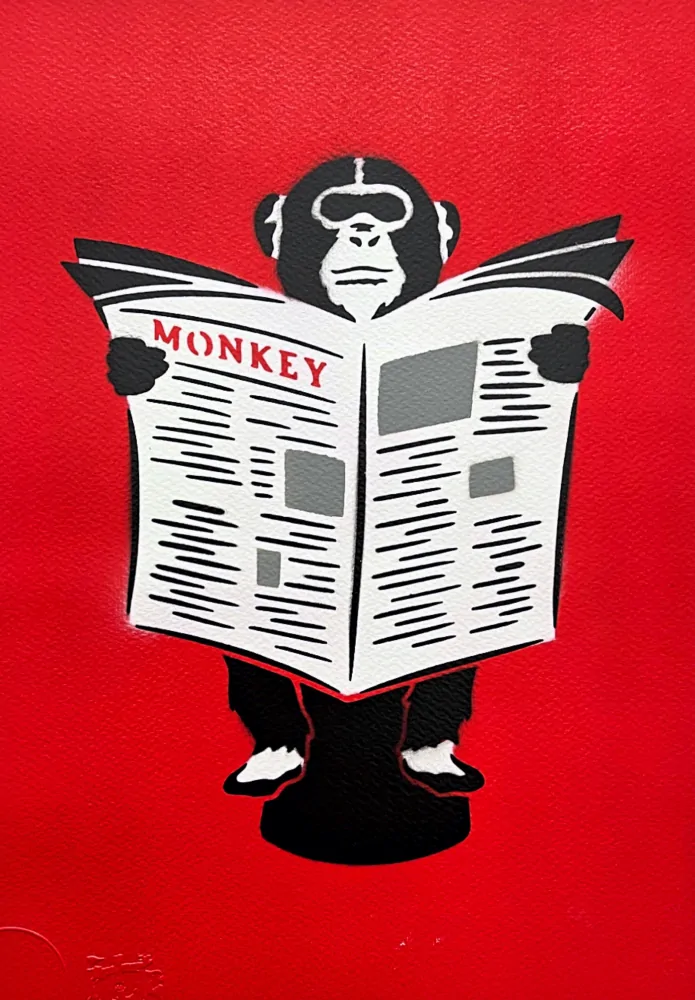 BANKSY/NOT BANKSY - Monkey Business red 1/5 - originální ručně stříkaný sprej na papíře
