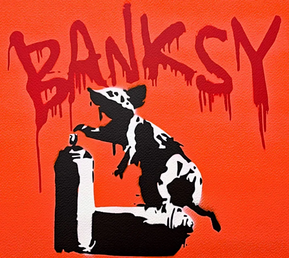 BANKSY/NOT BANKSY - Rat with Spray Cans orange 3/5 - originální ručně stříkaný sprej na papíře