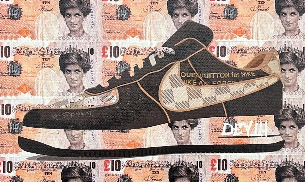 Death NYC - Sneakers a Banksy Princess Diana dolar - limitovaná edice s certifikátem, 45x32cm