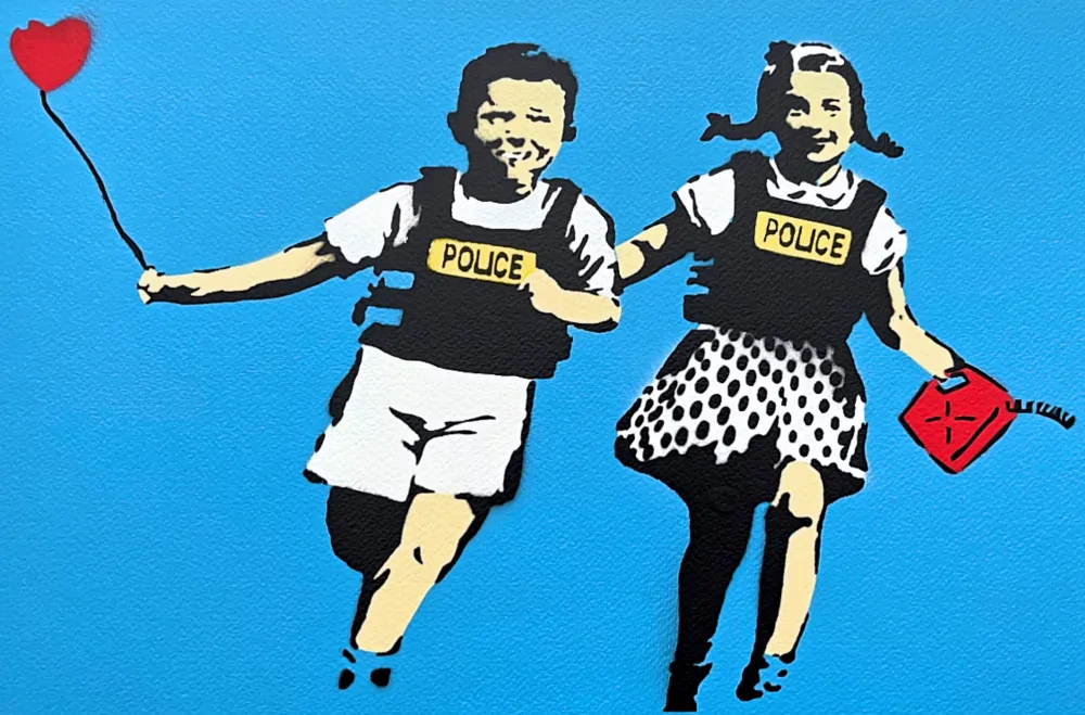 BANKSY/NOT BANKSY - Jack and Jill F-blue 2/5 - originální ručně stříkaný sprej na papíře