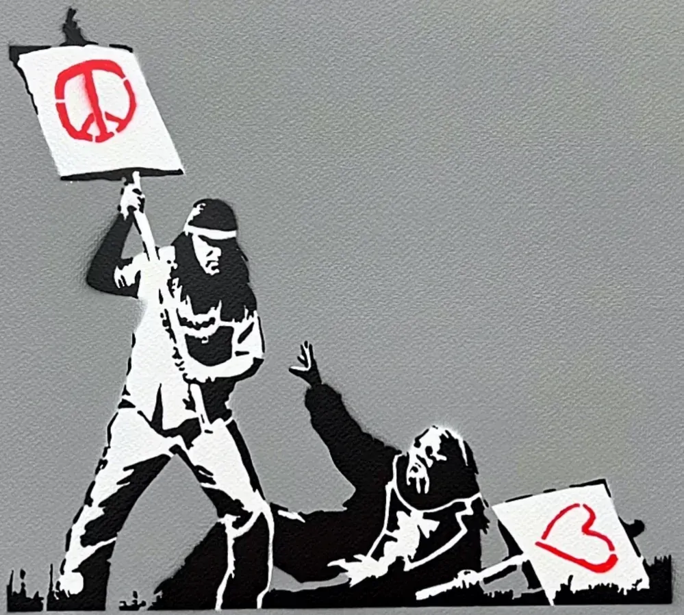 BANKSY/NOT BANKSY - Peace vs Love gray 2/5 -  originální ručně stříkaný sprej na papíře
