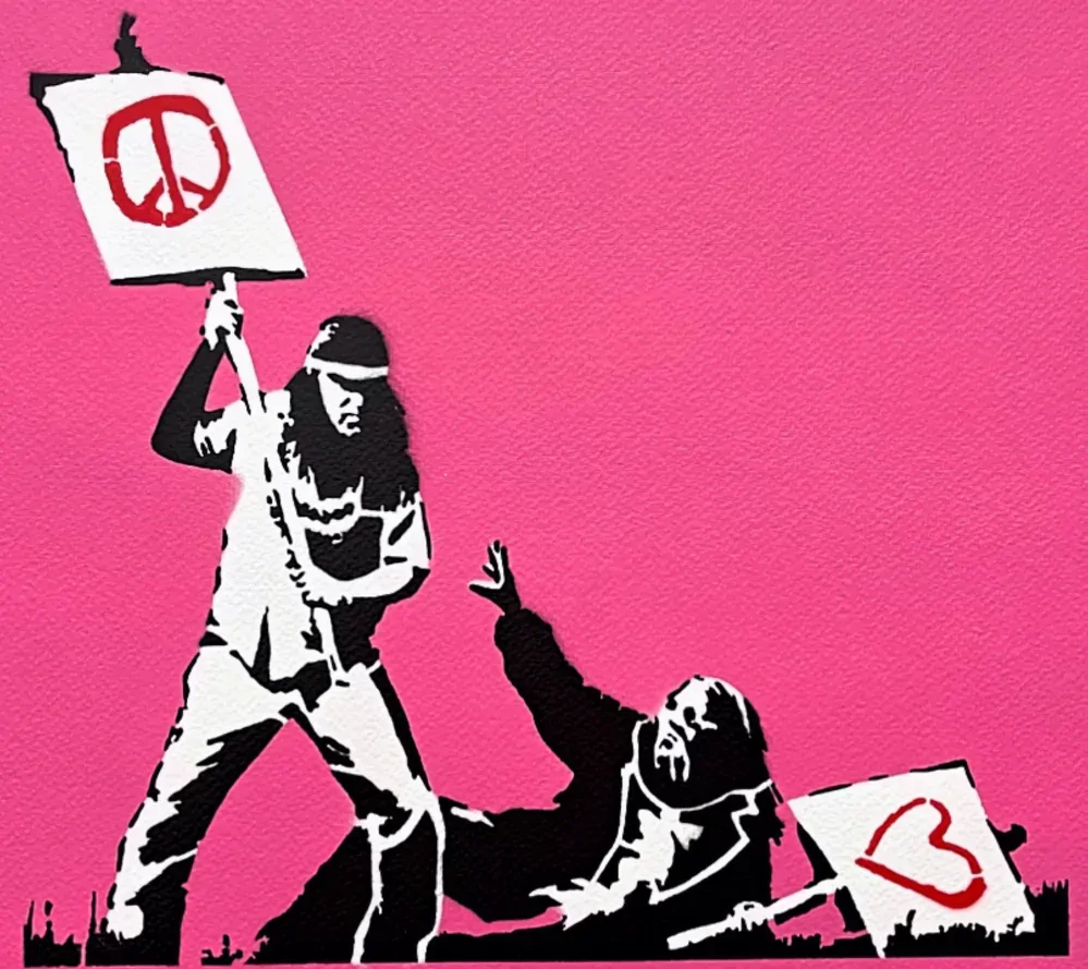 BANKSY/NOT BANKSY - Peace vs Love pink 2/5 - originální ručně stříkaný sprej na papíře