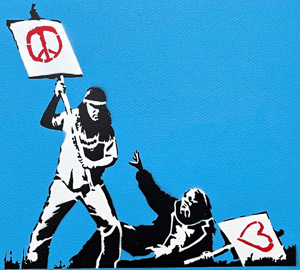 BANKSY/NOT BANKSY - Peace vs Love F-blue 2/5 - originální ručně stříkaný sprej na papíře