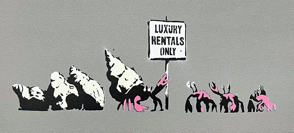 BANKSY/NOT BANKSY - Luxury Rentals Only gray 2/5 -  originální ručně stříkaný sprej na papíře