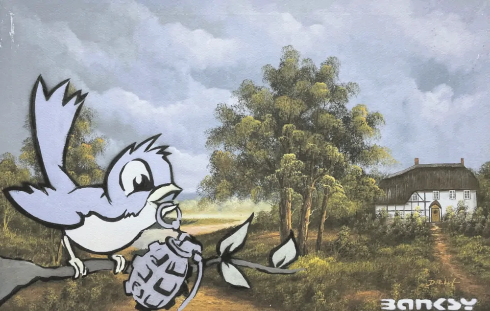 Banksy - Bird and Grenade x/150 - číslovaná edice s certifikátem, 70x50cm
