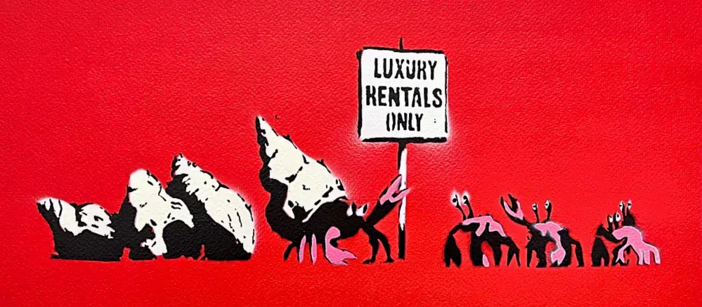 BANKSY/NOT BANKSY - Luxury Rentals Only red 2/5 - originální ručně stříkaný sprej na papíře