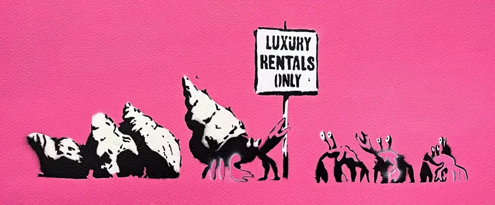 BANKSY/NOT BANKSY - Luxury Rentals Only pink 2/5 - originální ručně stříkaný sprej na papíře