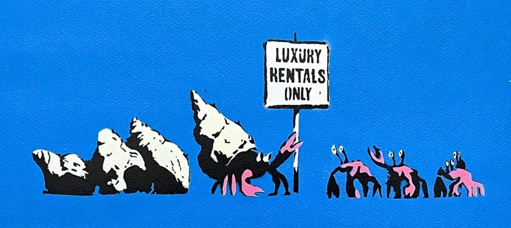 BANKSY/NOT BANKSY - Luxury Rentals Only blue 2/5 - originální ručně stříkaný sprej na papíře