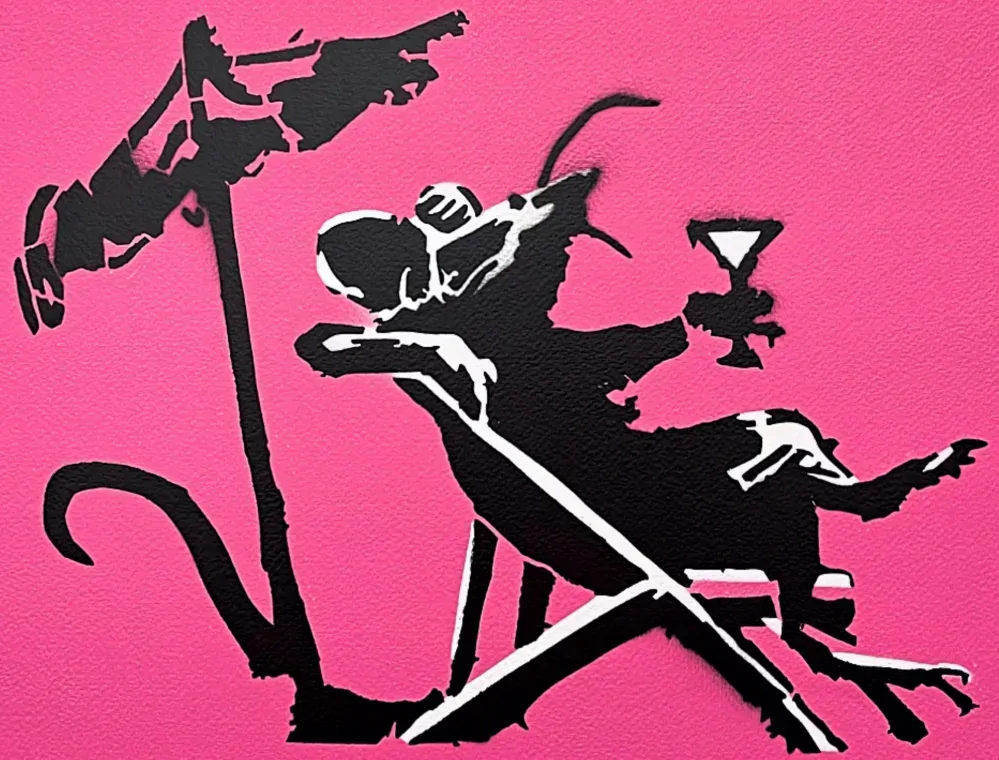 BANKSY/NOT BANKSY - Rat Drinking Coctail pink 1/5 - originální ručně stříkaný sprej na papíře