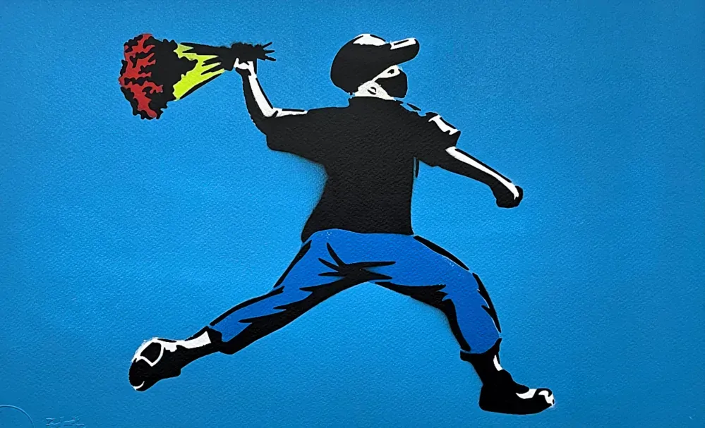 BANKSY/NOT BANKSY - Flower Thrower F-blue 2/5 - originální ručně stříkaný sprej na papíře
