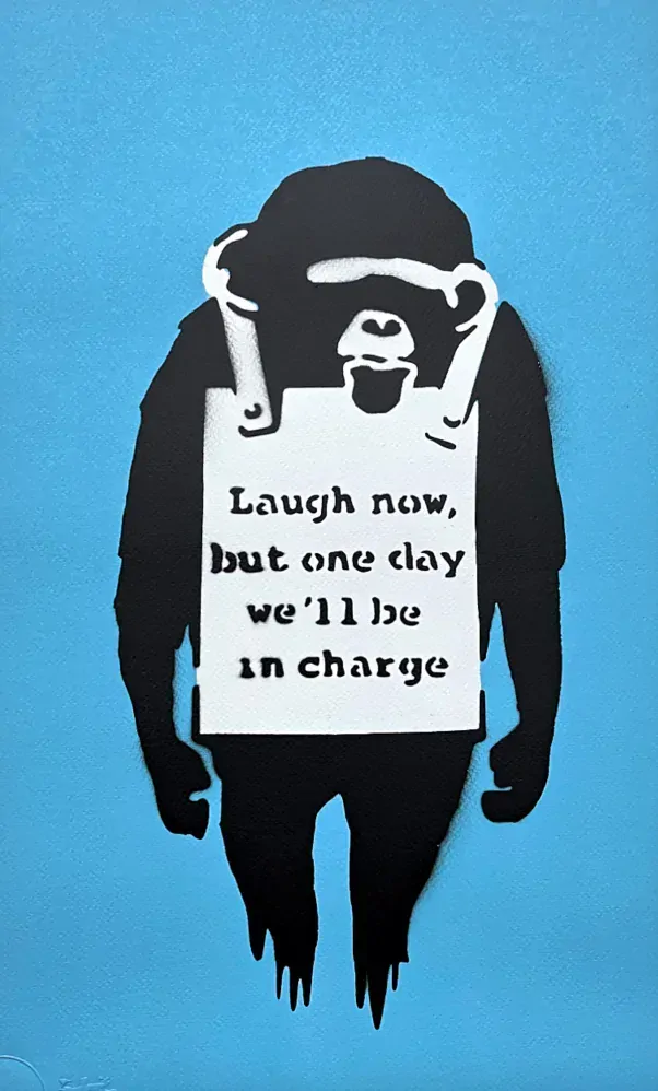 BANKSY/NOT BANKSY - Laugh Now L-blue 2/5 - originální ručně stříkaný sprej na papíře