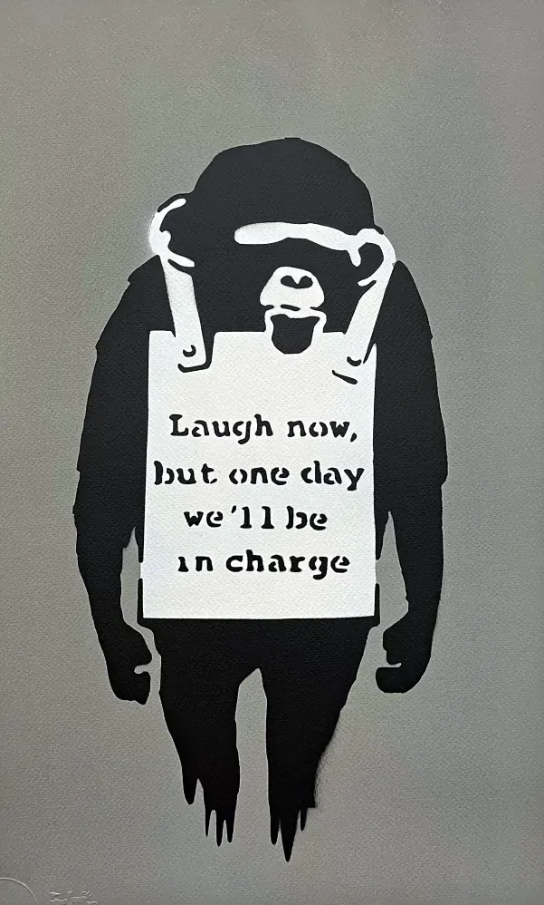 BANKSY/NOT BANKSY - Laugh Now gray 2/5 -  originální ručně stříkaný sprej na papíře