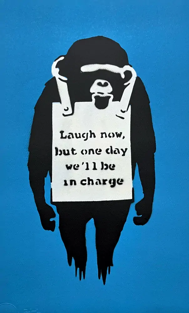 BANKSY/NOT BANKSY - Laugh Now F-blue 2/5 -  originální ručně stříkaný sprej na papíře