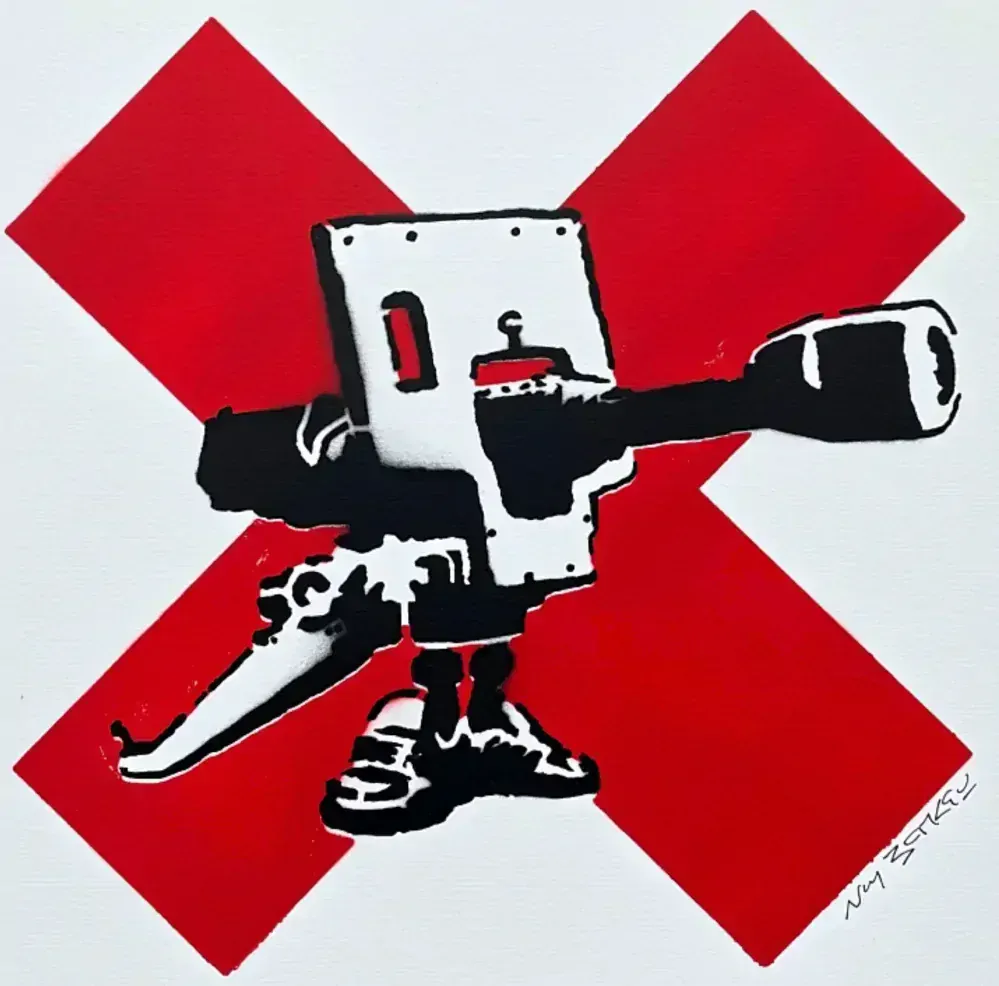 BANKSY/NOT BANKSY - Anti Tank Gun 2/10 - originální ručně stříkaný sprej na papíře