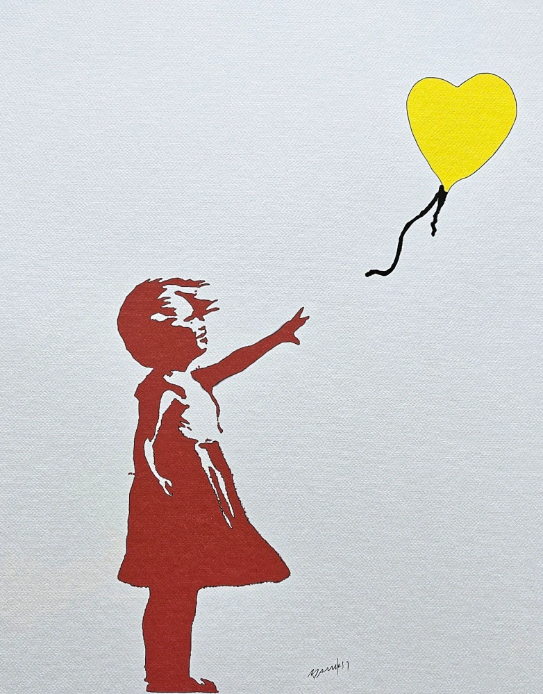Banksy - Girl with Balloon červeno-žlutá x/150 - číslovaná edice s certifikátem, 50x70cm