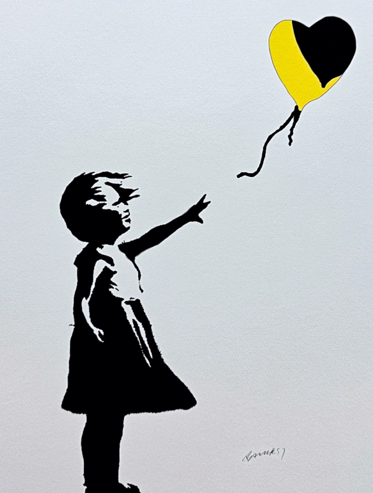 Banksy - Girl with Balloon černo-žlutá 92/150 - číslovaná edice s certifikátem, 50x70cm