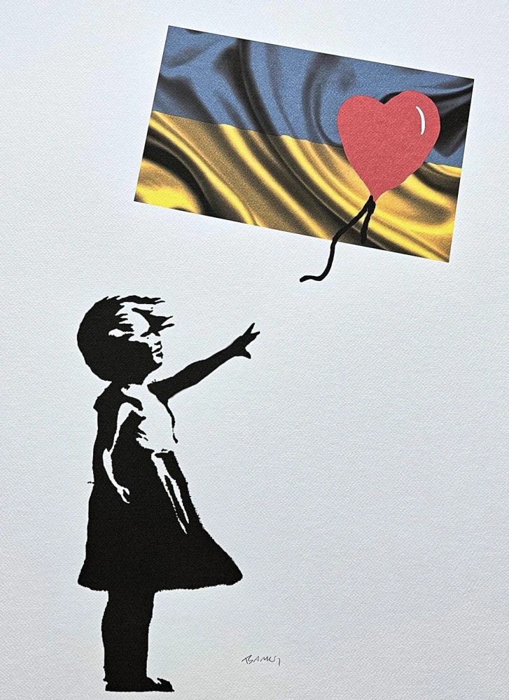 Banksy - Girl with Balloon Ukraine flag 64/150 - číslovaná edice s certifikátem, 50x70cm
