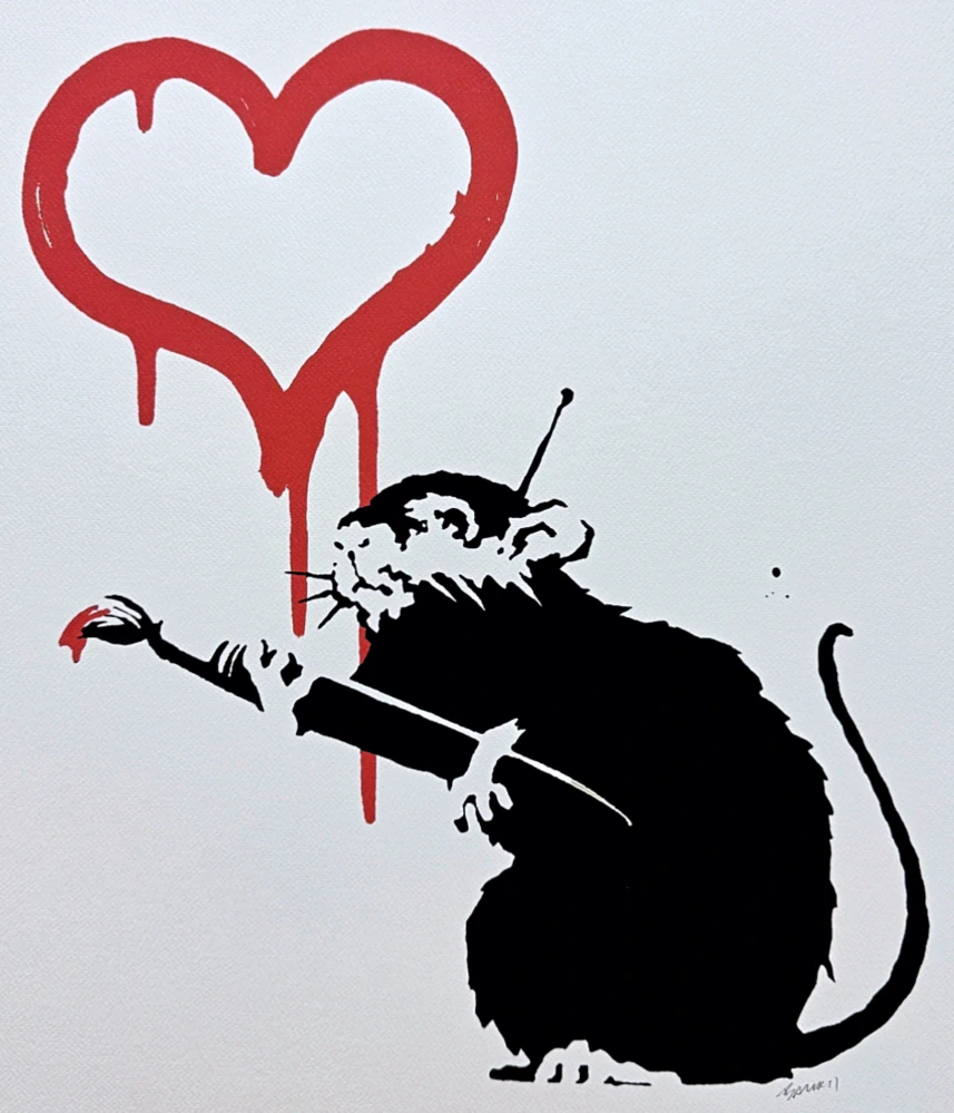 Banksy - Love Rat černo-červená 26/150 - číslovaná edice s certifikátem, 50x70cm