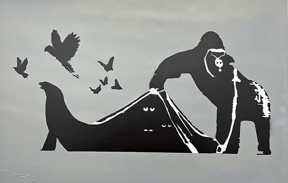 BANKSY/NOT BANKSY - London ZOO gray 2/5 - originální ručně stříkaný sprej na papíře
