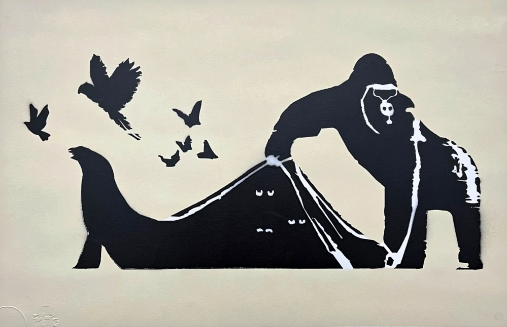 BANKSY/NOT BANKSY - London ZOO b/white 2/5 - originální ručně stříkaný sprej na papíře
