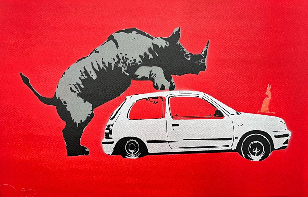 BANKSY/NOT BANKSY - Rhino love red 2/5 - originální ručně stříkaný sprej na papíře