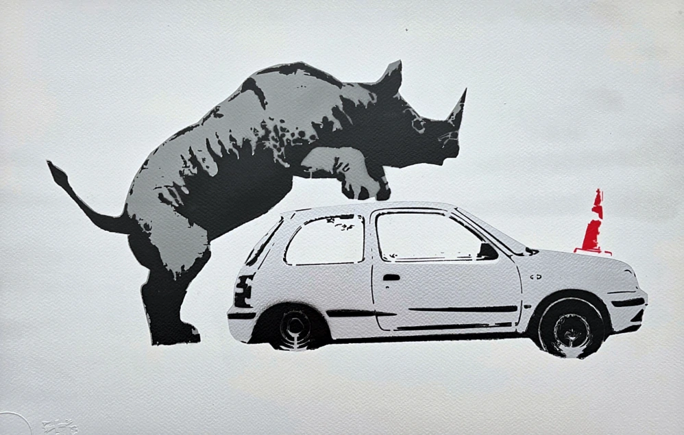 BANKSY/NOT BANKSY - Rhino love s/gray 2/5 - originální ručně stříkaný sprej na papíře