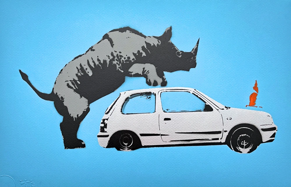 BANKSY/NOT BANKSY - Rhino love l/blue 2/5 -  originální ručně stříkaný sprej na papíře