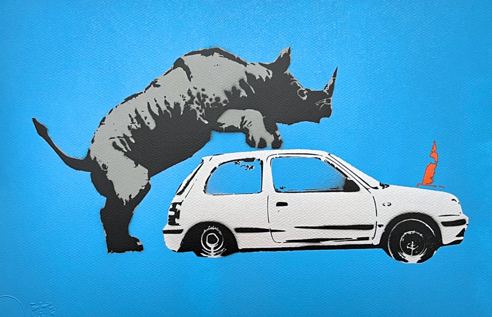BANKSY/NOT BANKSY - Rhino love f/blue 2/5 - originální ručně stříkaný sprej na papíře