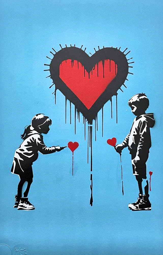 BANKSY/NOT BANKSY - Express your love L-blue 2/5 - originální ručně stříkaný sprej na papíře