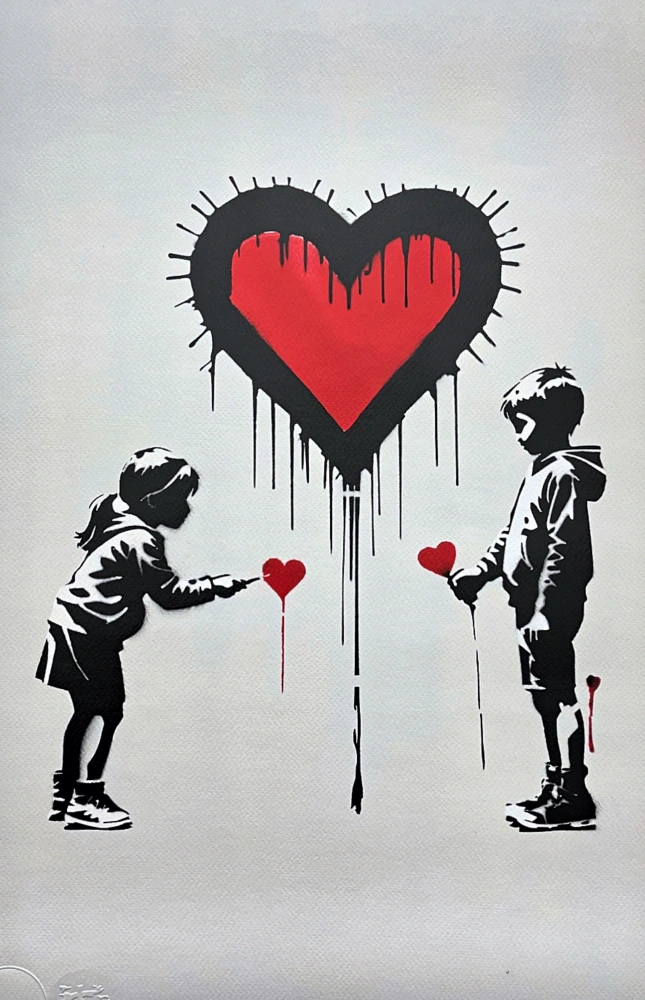 BANKSY/NOT BANKSY - Express your love S-gray 2/5 - originální ručně stříkaný sprej na papíře