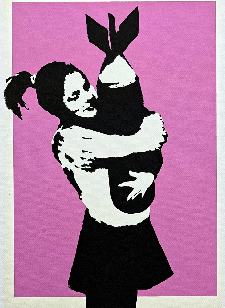 Banksy - Bomb love růžová 81/150 - číslovaná edice s certifikátem, 50x70cm