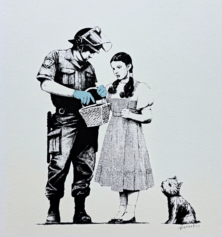 Banksy - Stop and Search v modrých rukavicích 109/150 - číslovaná edice s certifikátem, 50x70cm