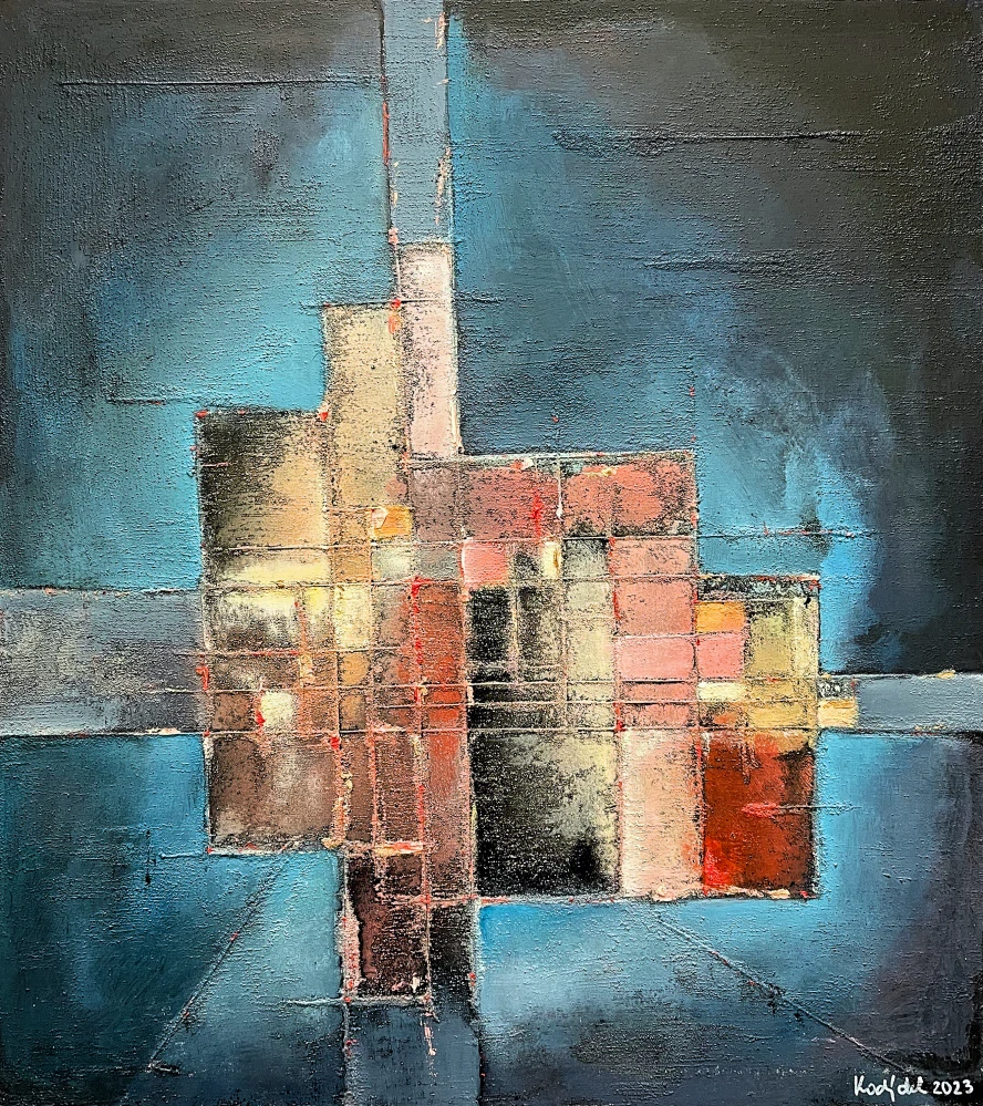 Karel Kodýdek - Setkání ve vzduchoprázdnu - olej na plexiskle, signováno, rámováno, 45x50 cm