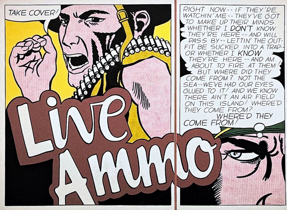 Roy Lichtenstein - Live Ammo Take Cover - signováno, 50x35cm, limitovaná edice 50/150