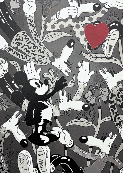 Death NYC - Mickey Mouse, flower a red balloon - limitovaná edice s certifikátem, 32x45cm