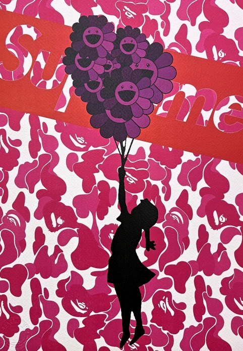 Death NYC - Girl with Murakami balloon růžový - limitovaná edice s certifikátem, 32x45cm