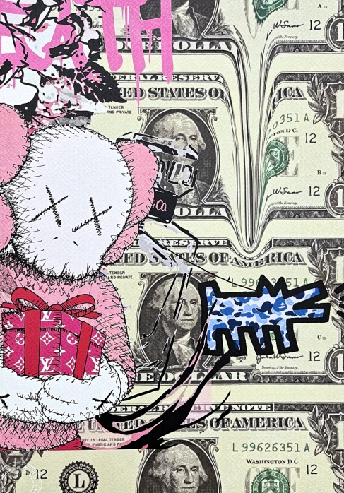 Death NYC - Pink Kaws a dollar - limitovaná edice s certifikátem, 32x45cm