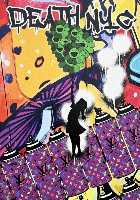 Death NYC - Girl with Murakami balloon a spray - limitovaná edice s certifikátem, 32x45cm