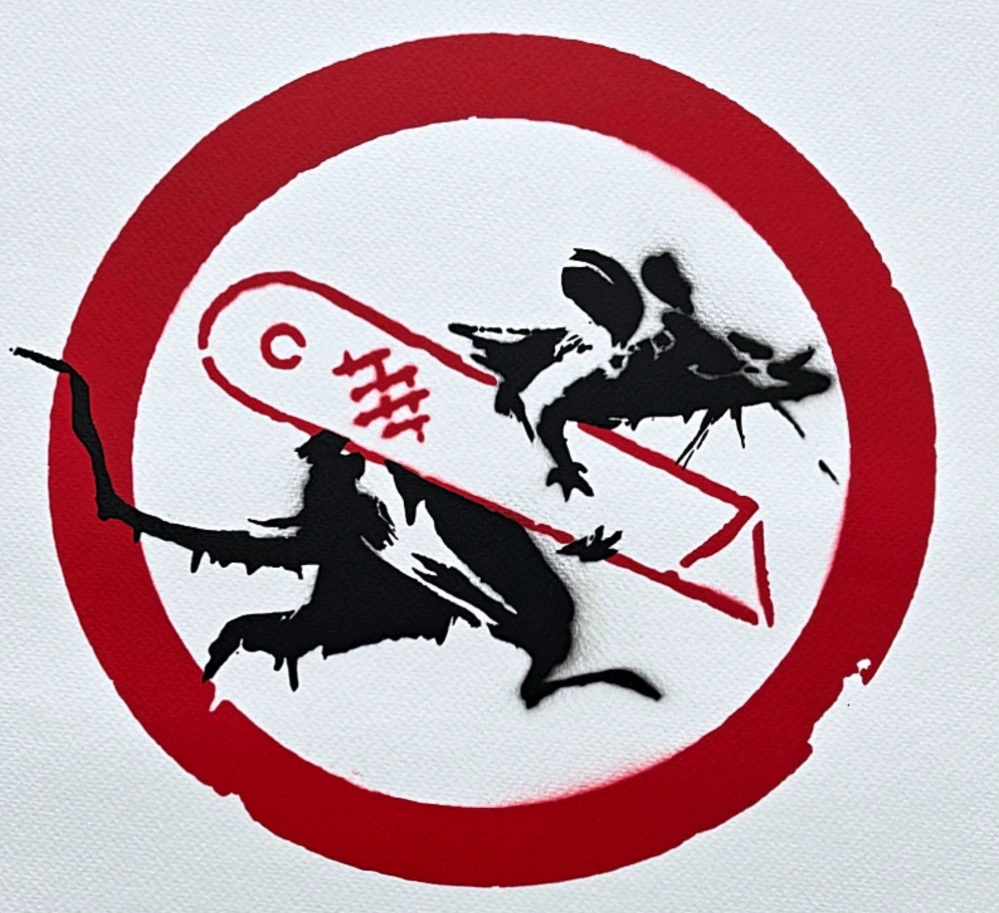 BANKSY/NOT BANKSY - Cut and Run 10/20 - originální ručně stříkaný sprej na papíře